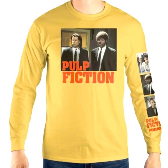 John Travolta & Samuel L. Jackson Pulp Fiction Miramax Mens Yellow Movie T-Shirt - Picture 8 of 8